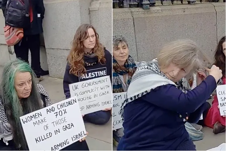 بريطانيات يحلقن رؤوسهن أمام البرلمان تضامنا مع نساء غزة